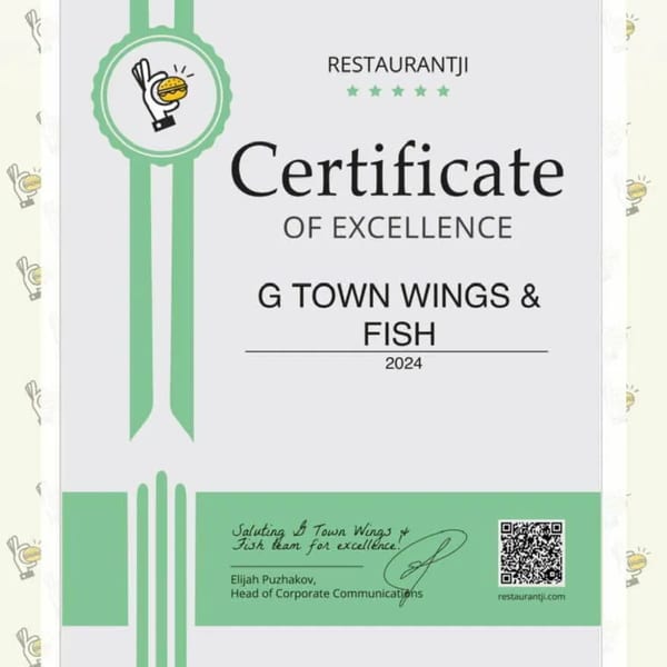 Certificate of Excellence from Restaurantji awarded to G Town Wings & Fish for 2024.