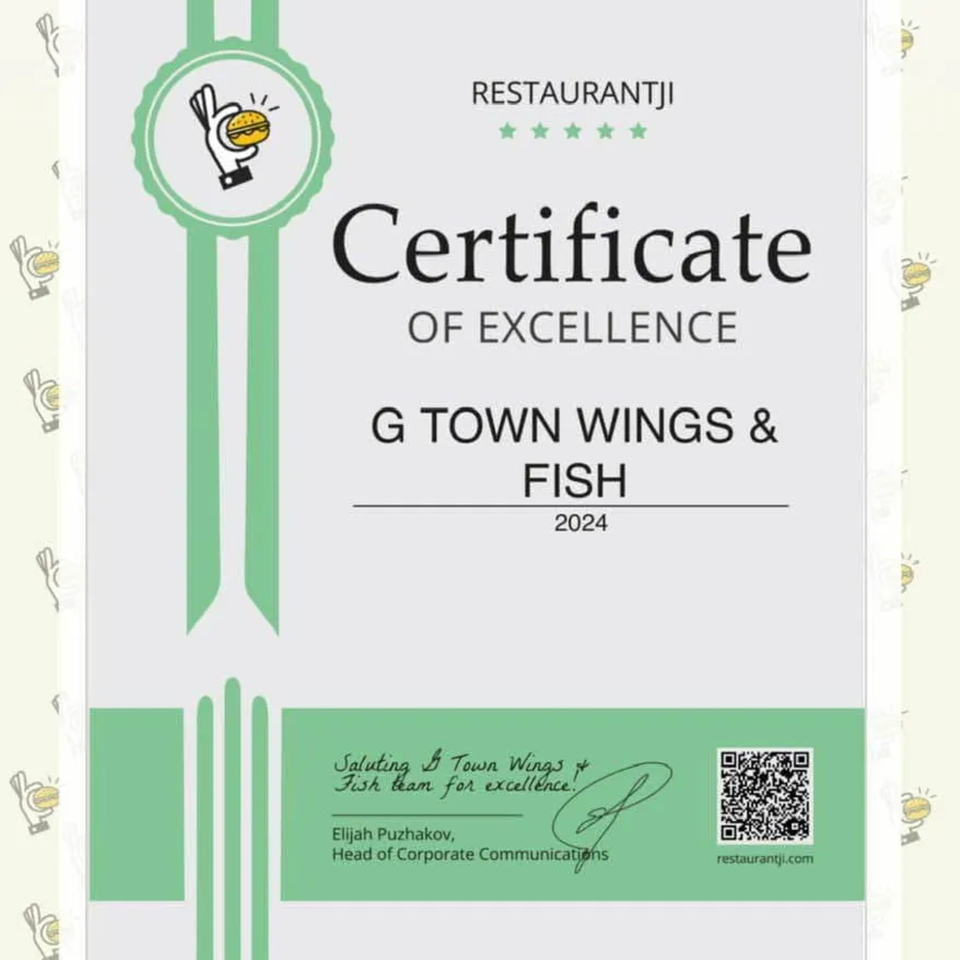 Certificate of Excellence from Restaurantji awarded to G Town Wings & Fish for 2024.
